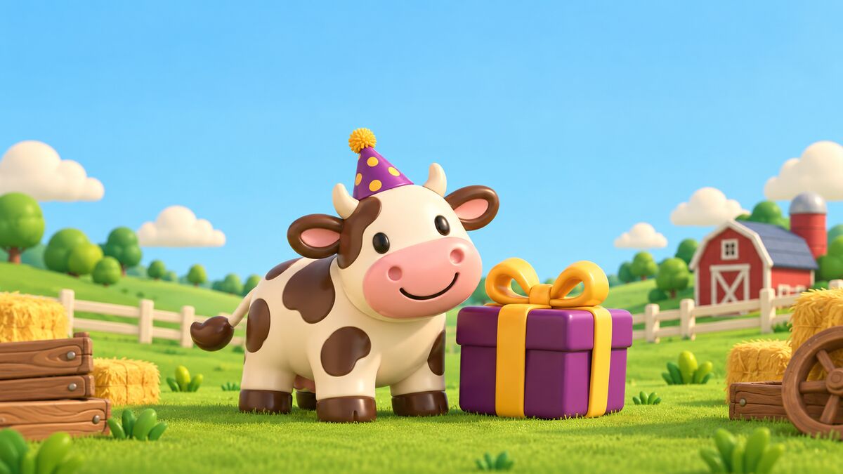 A toy cow in a party hat stands next to a purple present on a sunny toy farm, with hay bales, planks and a red barn nearby.