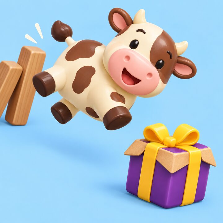 A cream and cocoa toy cow tips sideways off a row of falling wooden planks, heading for a purple present with a yellow ribbon.