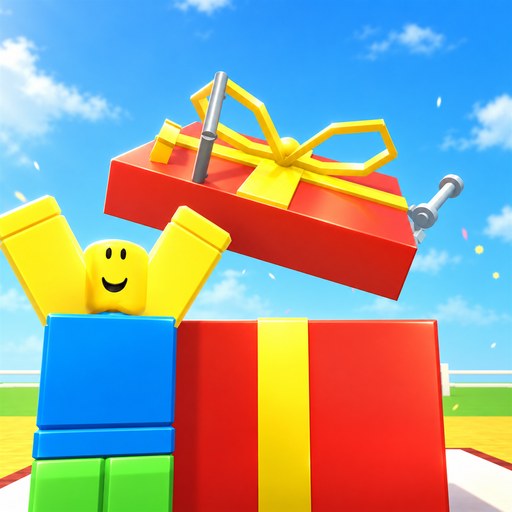 Game icon: a cheering avatar next to a red present whose lid pops off, with toy parts flying out.
